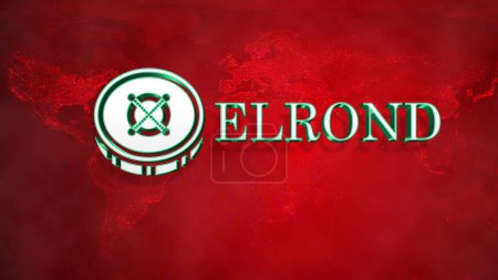 Photo for Elrond or Metaversx cryptocurrency coin logo and symbol isolated on world map on red background, Decentralized blockchain finance illustration banner background crypto currency. - Royalty Free Image