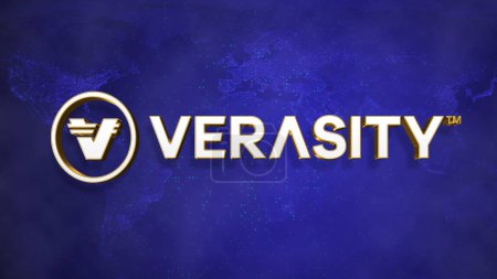 Verasity cryptocurrency coin logo and symbol isolated on world map on blue background, Decentralized blockchain finance illustration banner background crypto currency.