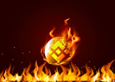 Binance Coin BNB Cryptocurrency coin on fire concept illustration, Futuristic decentralized blockchain finance illustration, Crypto currency trade and investment.