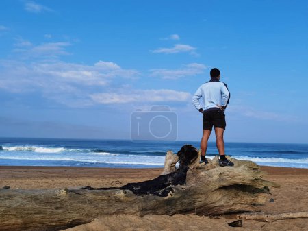 Foto de Niño mirando el mar en la parte superior de un tronco de árbol en un día soleado - Imagen libre de derechos