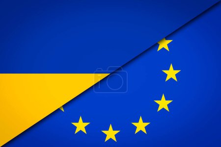 Foto de Banderas de la Unión Europea y Ucrania que ilustran la relación y la unión entre países - Imagen libre de derechos