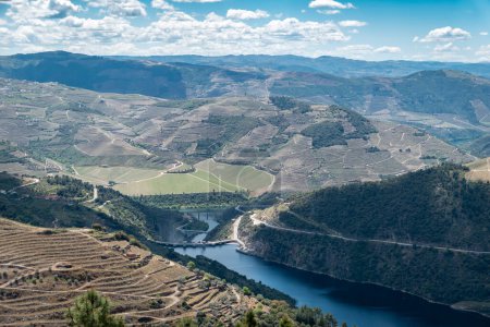 Foto de Entre colinas y montañas, el río Tua y la presa hidroeléctrica con un puente en el fondo junto al río Duero - Imagen libre de derechos