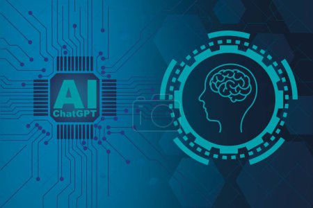 Foto de ChatGPT and Artificial intelligence futuristic background with glowing brain and chip. Modern artificial intelligence conversation platform backdrop - Imagen libre de derechos