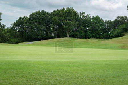 Téléchargez les photos : Terrain de golf vert herbeux avec quelques arbres en arrière-plan par une journée très nuageuse - en image libre de droit