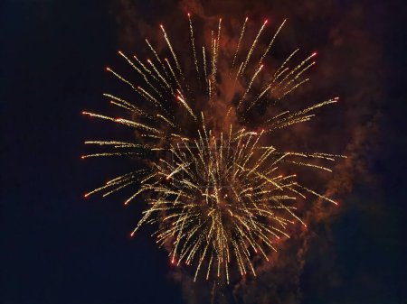Foto de Fuegos artificiales de colores sobre el cielo nocturno. Celebración de un evento festivo, fondo abstracto de vacaciones - Imagen libre de derechos