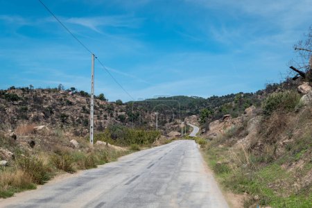 Foto de Entre montañas, un camino pavimentado con algunos postes de electricidad siguiéndolo en Tras os Montes, Portugal - Imagen libre de derechos