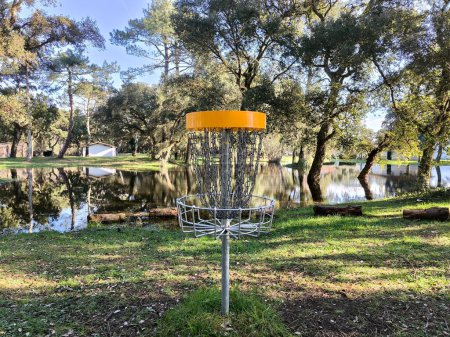 Metal disc golf basket: An oasis for fun in the park among trees and on the edge of a lake