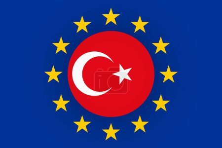 Representación artística en ilustración de la unión de las banderas de Turquía y la Unión Europea