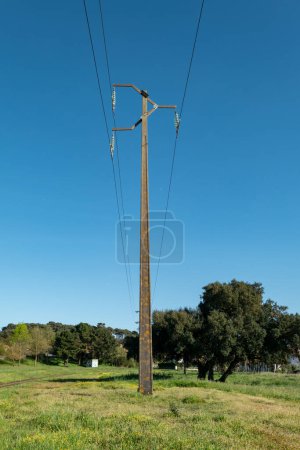 Mitten in einem grünen ländlichen Feld ein Strommast und Hochspannungsleitungen mit blauem Himmel