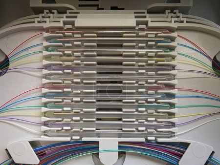 Téléchargez les photos : Infrastructure technologique : Boîte de distribution de fibres optiques avec fils tressés multicolores - en image libre de droit
