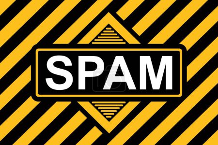 Illustration d'alerte de spam avec des rayures noires et jaunes et le mot Spam au centre. Panneau d'alerte Spam