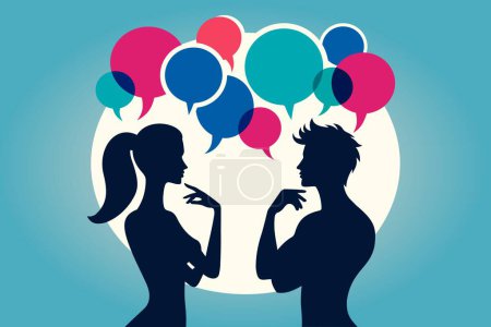 Silueta ilustración de un hombre y una mujer hablando, con burbujas de chat que representan el intercambio de mensajes