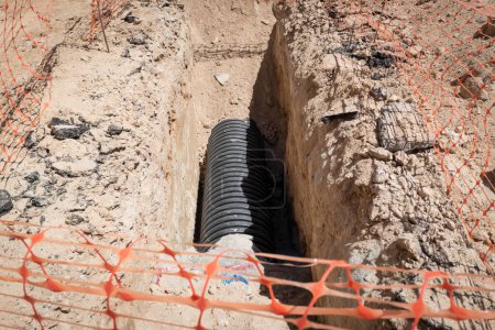 Hole in the ground at a construction site with a pipe over the trench for basic sanitation