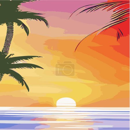 Illustration for Vintage palm trees beach. Abstract background with sunny gradient. Palm trees silhouettes. Vector design template for logo Summer vacation. Sunset with palm trees colored background - Royalty Free Image