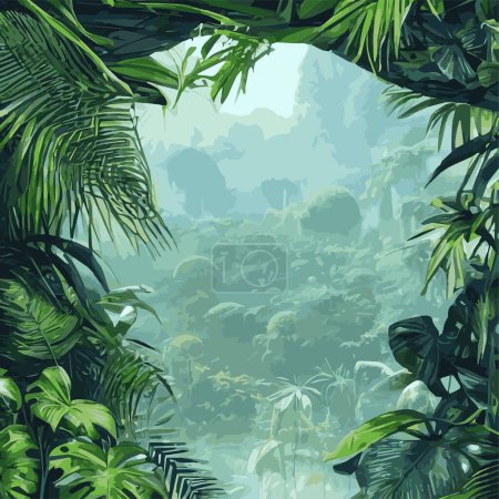 Vektor für Dschungel tropischen Hintergrund. Dschungel Landschaft Hintergrundillustration, mit Dekorationen aus Blättern und Laub tropischer Pflanzen und Bäume. Dschungel am Amazonas und Wildnis - Lizenzfreies Bild
