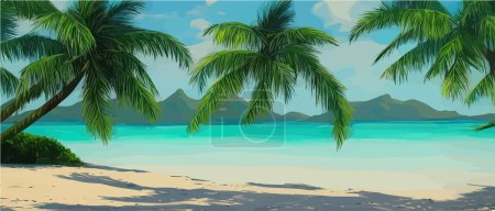 Photo for Tropical palm beach with sand sea banner vector illustration with copy space, voucher advertising Summer vacation. tropical island palms sun. Hawaiian landscape paradise. Colored party invitation. - Royalty Free Image