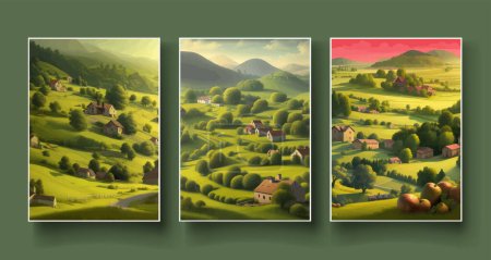 Illustrazione per Rural landscape with field, trees, grass and agricultural fields. Environmentally friendly area with blue sky and clouds. Village in summer. Vector stock in flat style illustration vertical posters - Immagini Royalty Free