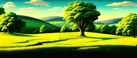 Illustrazione per Summer landscape with meadow and trees , green grass . Vector cartoon illustration of a scene with trees, bushes, stones and sunlight. Spring woodland or nature park panorama - Immagini Royalty Free