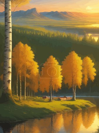 Illustration for Vector illustration Autumn landscape golden alley park of birches near a pond , contemporary art impressionism abstract landscape , Russian rural landscape - Royalty Free Image