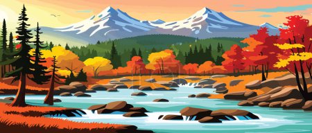 Illustration for Autumn landscape with trees, mountains, fields, leaves. Rural landscape. Autumn background. Vector illustration horizontal banner autumn landscape mountains and maple trees fallen with yellow foliage - Royalty Free Image