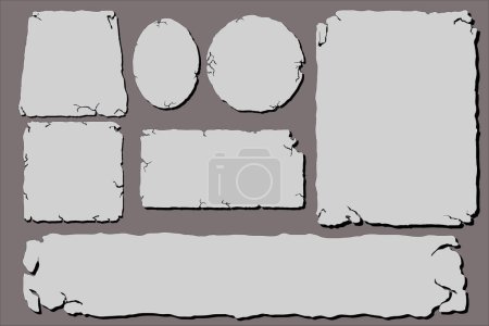 Set von Simple Stone Tablet, Rock-Banner mit rissigen Elementen im Cartoon-Stil isoliert. Graue Rahmen, Block-Boulder für Interface-UI-Spiele.