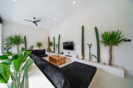 Foto de Luminoso salón con sofá negro y decoración minimalista. - Imagen libre de derechos
