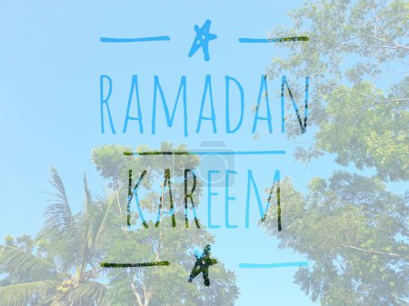 Photo for Illustration design text "Ramadan Kareem" with green plant and blue sky background - Royalty Free Image