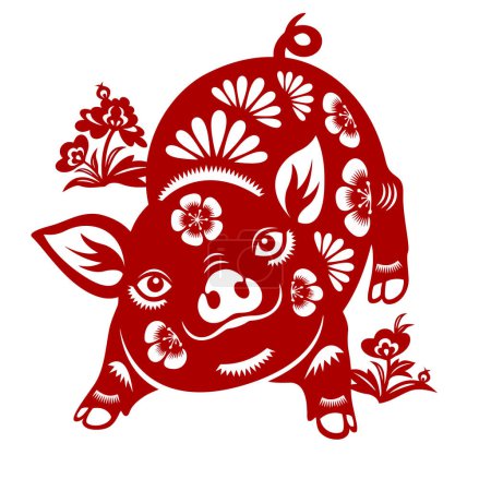 Téléchargez les illustrations : Signe du zodiaque chinois Année du porc, Papier rouge porc coupé, Bonne année chinoise 2024 année du porc - en licence libre de droit