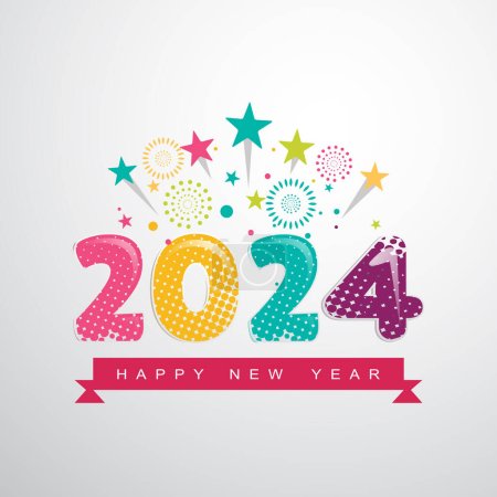 Ilustración de Colorido Feliz Año Nuevo 2024 Diseño de tipografía de celebración con fuegos artificiales grises blancos y coloridos - Imagen libre de derechos
