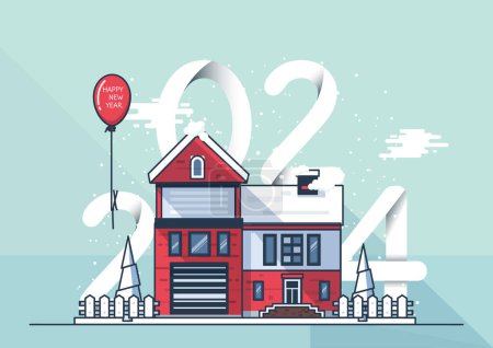 Willkommen im neuen Jahr 2024. Haus bedeckt Nummer 2024 und Schriftzug Frohes Neues Jahr, eine schöne Stadt in der Stadt auf dem Hintergrund