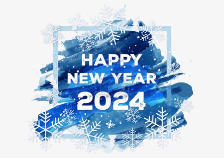 Colorful watercolor Happy New Year 2024 Background with blue brushstroke paint lettering calligraphy