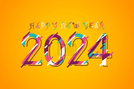 Colorful lines on numbers 2024 New Year yellow background. Greeting concept for 2024 New Year celebration