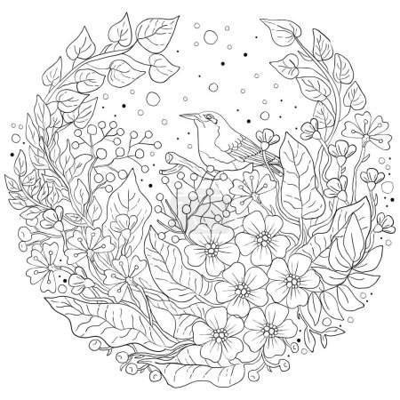 Gestaltungselemente zum Thema Natur, Pflanzen und Vögel. Doodle-Stil in Kreisform Komposition. Schwarze Umrisse auf weißem Hintergrund.