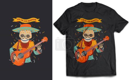 Téléchargez les illustrations : L'art mexicain. Mariachi squelette portant sombrero et jouer de la guitare. Tirage créatif. Conception de T-shirt. Modèle pour affiches, textiles, apparels. Illustration vectorielle pour vêtements sombres - en licence libre de droit