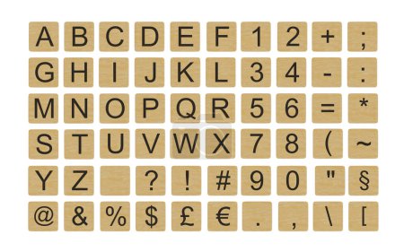 Téléchargez les photos : Alphabet, chiffres et divers signes écrits sur des blocs de bois, isolés sur fond blanc - en image libre de droit