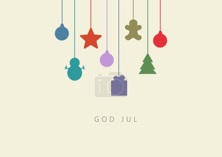 Card with Christmas decorations. Merry Christmas in Swedish (God Jul). Vector illustration