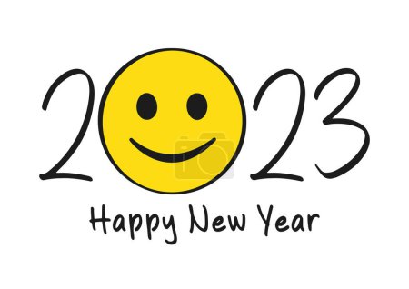 Ilustración de Feliz Año Nuevo 2023 letras con emoji cara sonriente. Ilustración vectorial - Imagen libre de derechos