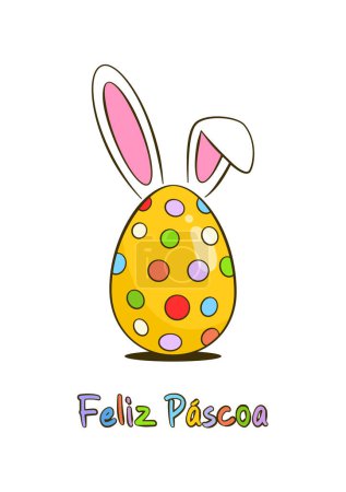 Illustration for Happy Easter colorful lettering in Portuguese with Easter egg and bunny ears. Cartoon. Vector illustration. Isolated on white background - Royalty Free Image