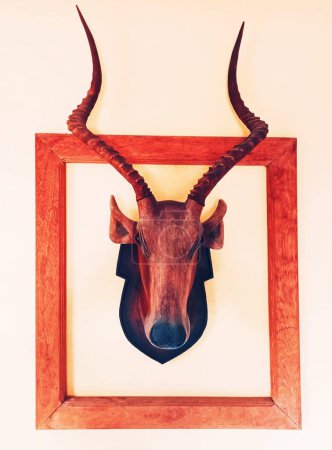 Foto de Un hermoso marco hecho de cuernos de ciervo cuelga en la pared. - Imagen libre de derechos