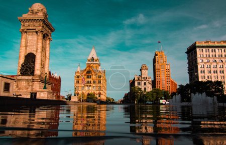 Photo for Clinton square in syracuse new york low angle water view - Royalty Free Image