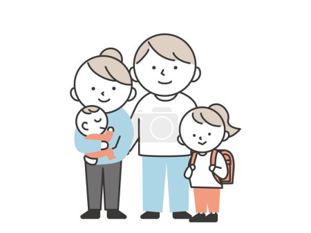 Une famille de quatre personnes côte à côte. Père, mère, bébé et écolière du primaire.