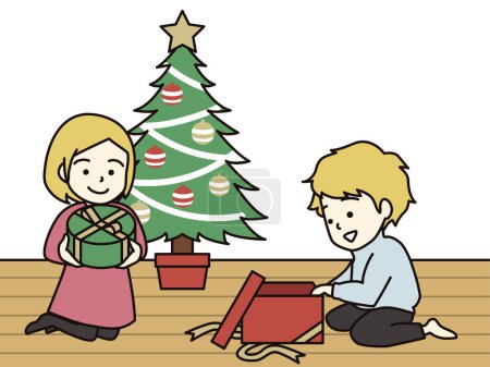 Illustration for Blonde boys and girls getting Christmas gifts. - Royalty Free Image