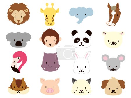 Téléchargez les illustrations : Vector illustration of animal faces. Cute cartoon style. (lion, giraffe, elephant, horse, koala, monkey, panda, bear, flamingo, hippo, rabbit, mouse, squirrel, pig, cat and dog - en licence libre de droit