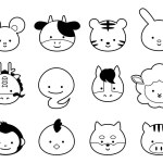 Illustration of the cute zodiac. 12 cute animal head icons. Monochrome line drawing. (Mouse, cow, tiger, rabbit, dragon, snake, horse, sheep, monkey, rooster, dog and wild boar.
