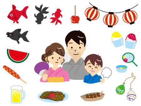 Illustration for Summer festival vector illustration set. Happy family enjoying the festival. Flat taste without outline. Festival foods such as watermelon, shaved ice, yakisoba, and takoyaki. - Royalty Free Image