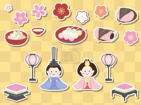 Ilustración de Sticker-style Hinamatsuri item set. Hina-sama, sakura mochi, dumplings, hina-arare. Cute and simple flat style illustration - Imagen libre de derechos