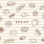 Hand-drawn line drawings of various breads. Striped background