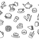Cafe line drawing icon set. Black and white. Line drawings of various sweets and coffee.