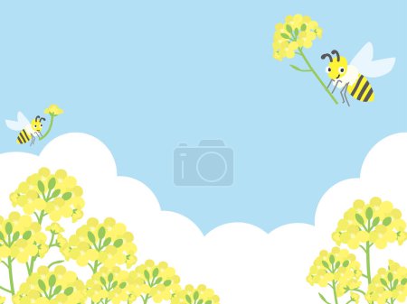Ilustración de Rape field and bee background under the blue sky. Refreshing background with the image of spring. - Imagen libre de derechos