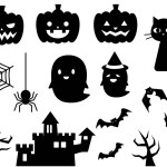 Halloween item silhouette set. Jack O Lantern, cat, ghost, bat, spider and castle etc.